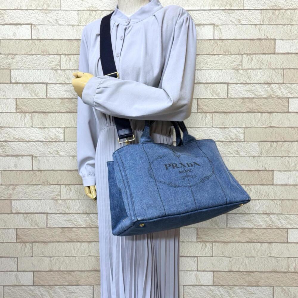Prada Canapa Tote M Shoulder Bag, Denim 1BG642 Blue, Women's, PRADA 2-way - Picture 2 of 16
